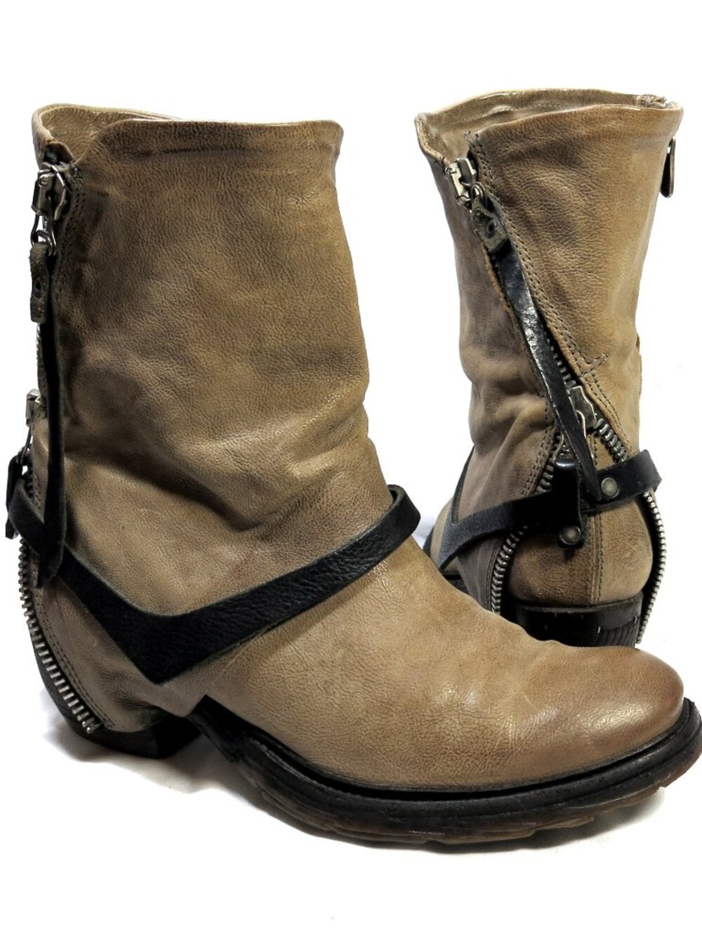 A.S. 98 Beige Double Zippered Boots, EU 38, US 8,Rare, Biker-Boho Strapped Boots